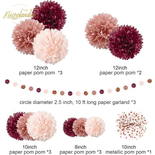 NICROLANDEE Bachelorette Party Decorations 15Pcs Burgundy Tissue Pom Poms