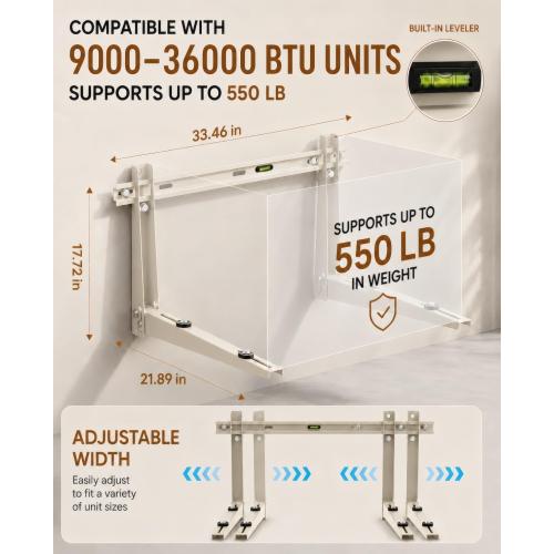 Heavy Duty Mini Split Wall Mounting Bracket for Outside, 550lb Load Capacity, Galvanized Carbon Steel, Dual Anti-Rust Coating, Leveling Bar, Anti-Vibration Pads, Fits 9000–36000 BTU AC Units
