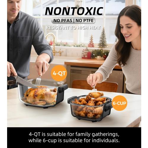 5-in-1 Portable Glass Air Fryer, 4QT & 6-Cup Glass Containers with Lids, Silicone Mat, 1500W Small Air Fryer, 90% Less Oil, Dishwasher/Freezer Safe for Single Servings, Family Meals