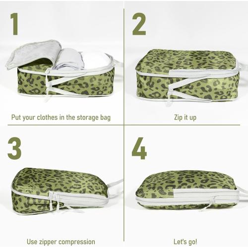 4 Set Compression Packing Cubes For Travel Bags Organizer For Luggage Suitcase Organizer, Compression Bags For Travel Accessories Luggage Storage Set (4 Pcs, Green Leopard)