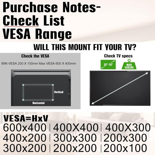 AENTGIU Studless TV Wall Mount, No Drill Drywall TV Mount for 32-75 Inch Smart TVs, Max VESA 600x400mm, Low Profile, No Stud, No Anchors, Tv Wall Bracket Hanger, Holds up to 150 lbs