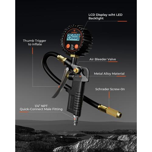 ETENWOLF T500 Digital Tire Pressure Gauge with Inflator, Tire Gauge 0-250 PSI, Calibrated to ANSI B40.7 Grade 2A, Air Chuck & Compressor Accessories with Storage Bag, Black