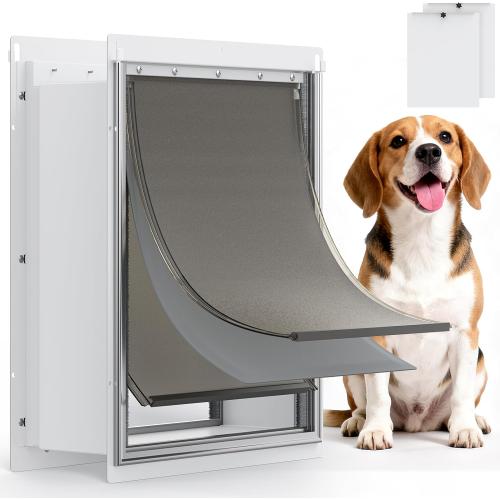 Powools Pet Dog Door for Wall - Robust Steel Pet Door with Magnetic Triple Flaps, 12.6 x 10 Flap Opening, Adjustable Tunnel for 3.4-6 Thick PVC, Wood, Drywall, for Pets Up to 45lb, White