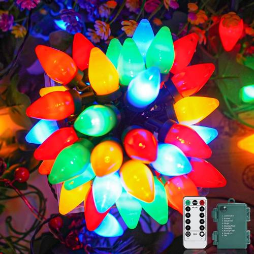 Set of 50 Size 24 ft LED C7 Christmas Lights,24Ft C7 Christmas Lights Battery Operated String Lights Remote Timer 8 Lighting Modes for Indoor Outdoor Xmas Tree Garden Patio Party Christma Decorations