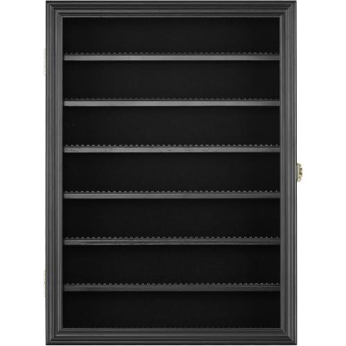 Minifigure Display Case - Building Block Toy Wall Cabinet Showcase for Small Miniature Collectibles Mini Brands Thimbles, Lockable UV Protection Door (Black Finish Frame)