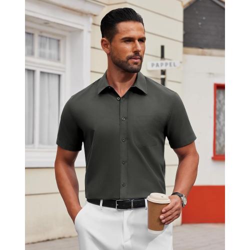 Size 2XL Mens Short Sleeve Dress Shirt Wrinkle Free Solid Casual Button Down Shirts for Summer Business Wedding