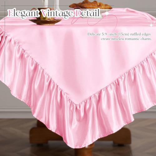 Vonty Ruffle Tablecloth Pink Satin Tablecloth - 60 x 102, Silky Table Cloth Rectangle Scalloped Table Cloth Farmhouse Tables Cover Silk Tablecloths Vintage Tables Skirt for Kitchen Dining