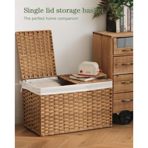 Storage Basket with Lid Rattan Woven Storage Baskets with 1 Separate Lids, 17.2 Gallon (65 L), 22 x 13 x 13.8 Inches,Foldable, 1 Removable Liner Bags Handles for Bedroom, Laundry Room Natural