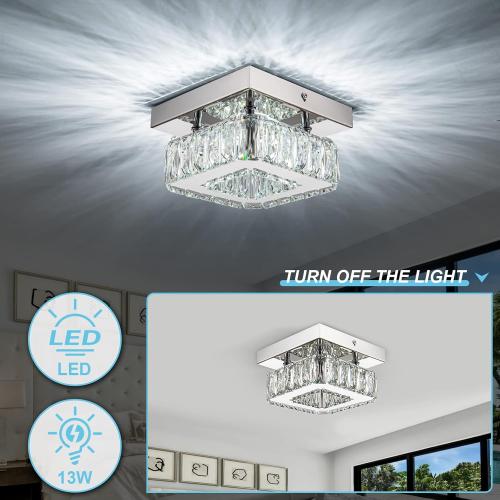 6.3 Crystal Ceiling Light Fixture, Mini Square Chandeliers 6500K Cool White Modern Flush Mount Ceiling Light, LED Small Chandelier for Hallway Bedroom Foyer Kitchen Bathroom