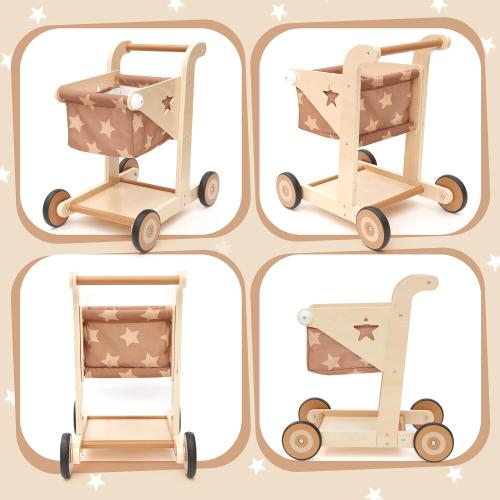 Asweets 2 in 1 Wooden Baby Walker Push and Pull Doll Stroller, Shopping Cart Learning Walker for Boys and Girls, Sit Stand Learning Toddler Toy (Brown)