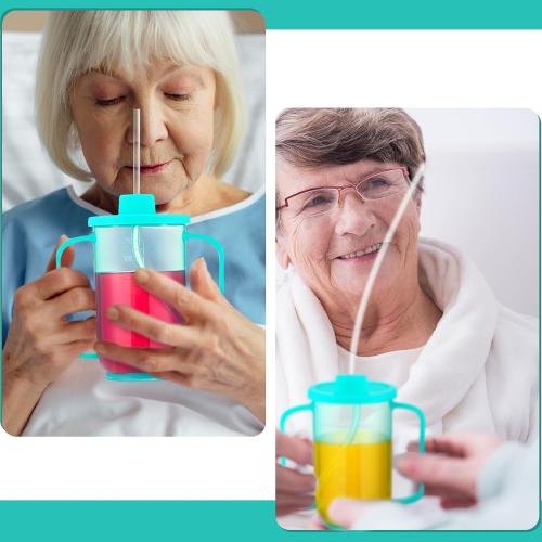 Sliner Adult Sippy Cups for Elderly 12 oz Straw Sippy Cups with 2 Handles No Spill for Adults Spill Proof Dysphagia Cup for Disabled Patients (Blue)