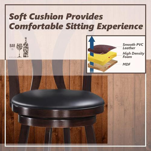COSTWAY Bar Stools Set of 2, 360-Degree Swivel Stools with Leather Padded Seat, Single Slat Back & Solid Rubber Wood Legs, Counter Height Stools for Pub, Restaurant, Kitchen, Brown (2, 29inch)