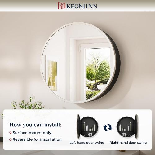 Keonjinn 20 Inch Round Medicine Cabinet with Mirror, Brushed Nickel Surface Mount Medicine Cabinet for Bathroom, Framed Circular Bathroom Cabinet Wall Mounted, Round Vanity Mirror with Storage