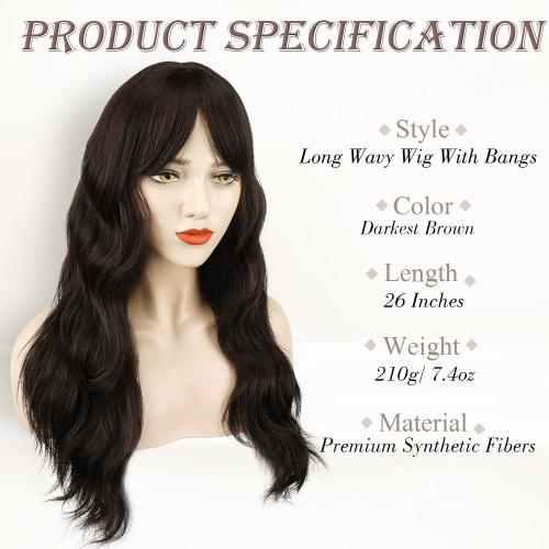 BARSDAR 26 Inch Long Wavy Dark Brown Bangs Wig Natural Looking Synthetic