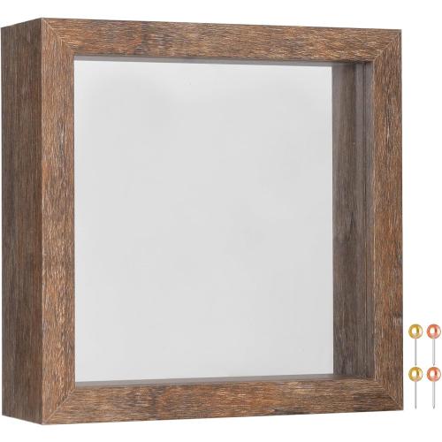 Califortree 5x5 Small Shadow Box Picture Frame with Soft Linen Back - Push Pins Included, Memory Shadow Box Display Case for Bouquet Awards Medals Wedding Photos and More, Rustic Brown