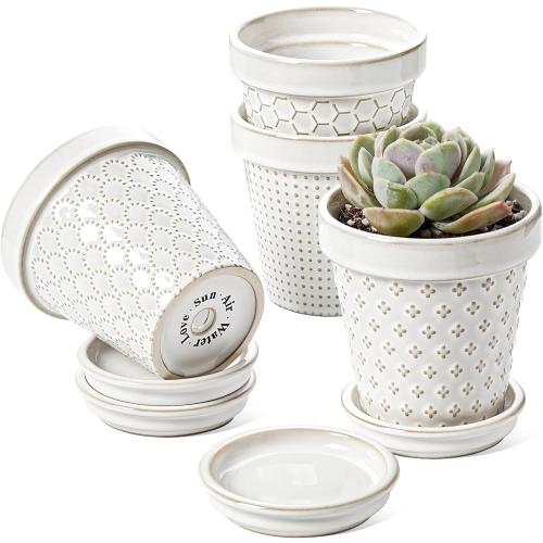 Size 4 inch set of 4 Color White LE TAUCI Ceramic Succulent Pots, 4 Inch Small Plant Pot for Indoor Plant Cactus, Embossed Flower Pots with Drainage Hole & Saucer - Set of 4, Arctic White