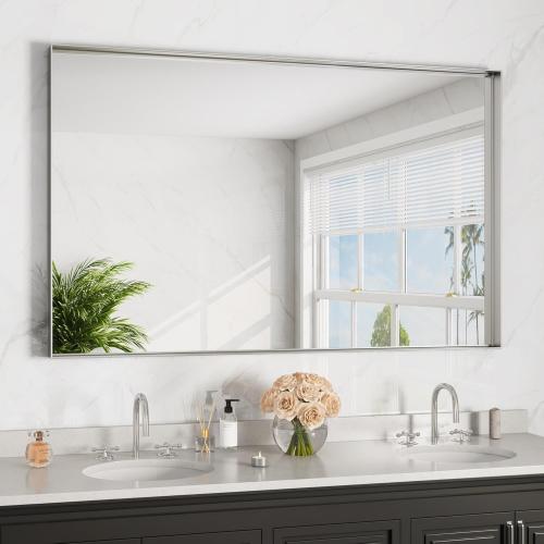 Silver Bathroom Mirror 48x30 Inch, Rectangle Mirror with Metal Deep Frame, Wall Mirrors for Over Sink, Vanity, Bedroom, Bathroom, Hangs Horizontally or Vertically