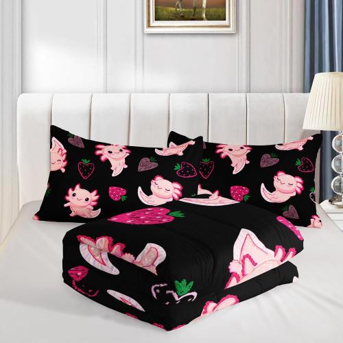 Cute Axolotl Bedding Set Twin Size,Pink Axolotl Strawberry Printed Comforter Sets Aesthetic Bedding for Kids Girls,Beach Coastal Animal Themed Comforter Sets with 2 Pillowcases.