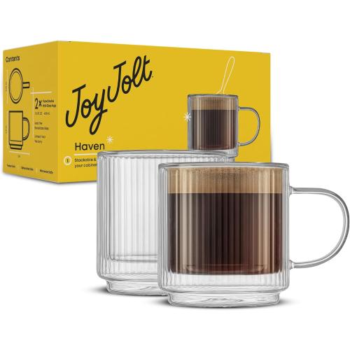 JoyJolt Haven Stackable Fluted Glass Mugs, Set of 2 Ribbed Double Wall Insulated Coffee Cups, 13.5oz Clear Mugs