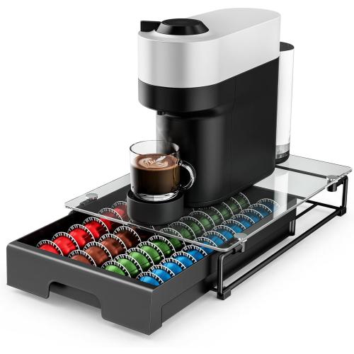 EVERIE Nespresso Vertuo Pod Holder Drawer, Coffee Pod Organizer with Universal Slots, Holds 40 Large or 52 Small Capsules, Tempered Glass Top Storage Drawer for Coffee Makers, 12 x 16.5 x 3.5