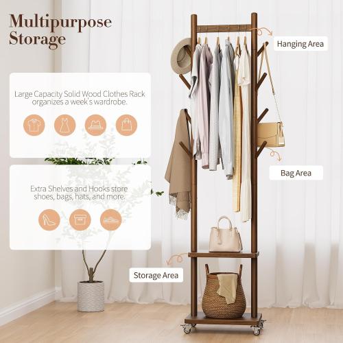 Yoobure Solid Wood Coat Rack Freestanding - Rolling Clothes Rack with 8 Hooks & Shelves, Small Clothing Rack with Wheels, Heavy Duty Clothing Racks for Hanging Clothes, Portable Hall Tree for Entryway