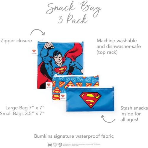 Bumkins Reusable Sandwich and Snack Bags, for Kids School Lunch and for Adults Portion, Washable Fabric, Waterproof Cloth Zip Bag, Travel Pouch, Food-Safe Storage, 3-pk DC Comics Superman