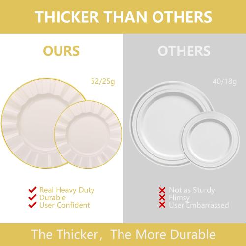 60Pcs Heavy Weight Ivory Plastic Plates with Gold Trim, Heavy Duty Wedding Plates, Elegant Disposable Plate Sets include 30 10 Dinner & 30 7 Dessert Plates for Party & Wedding(30 Guests)