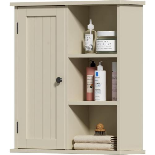 Treocho Bathroom Wall Cabinet, Medicine Cabinet with Door and 3 Open Shelves, Wall Mounted Storage Organizer for Bathroom, Kitchen, Living Room, Yellow