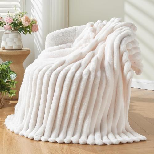 NEWCOSPLAY Super Soft Throw Blanket Ivory Premium Silky Flannel Fleece 3D Ribbed Jacquard Lightweight Bed Blanket All Season Use (Ivory Ribbed, Throw(50x60))