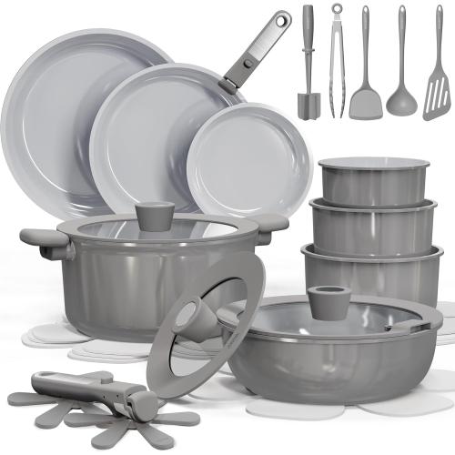CAROTE 27pcs Ceramic Cookware Set Nonstick, Pots and Pans Set Non Stick, Non Toxic Cookware Detachable Handles, Dishwasher/Oven Safe, RV/Camping Cookware, Pan and Pot with Kitchen Utensils, Dark Gray