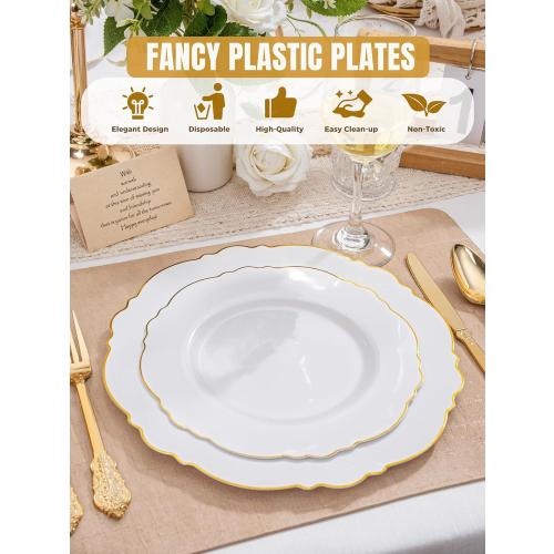 WDF 60pcs Gold Plastic Dinner Plates -10.25inch Baroque White and Gold Plates Fancy Plastic Plates for Upscale Bridal Shower & Wedding & Birthday
