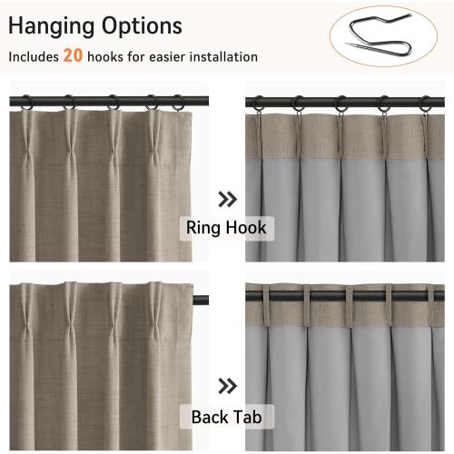 100% Blackout Shield Linen Look Textured Pinch Pleated Curtains Blackout Drapes 90 Inch Long 2 Panels Set, Faux Linen Blackout Curtains for Bedroom & Living Room, 40 W x 90 L, Dark Faux Linen
