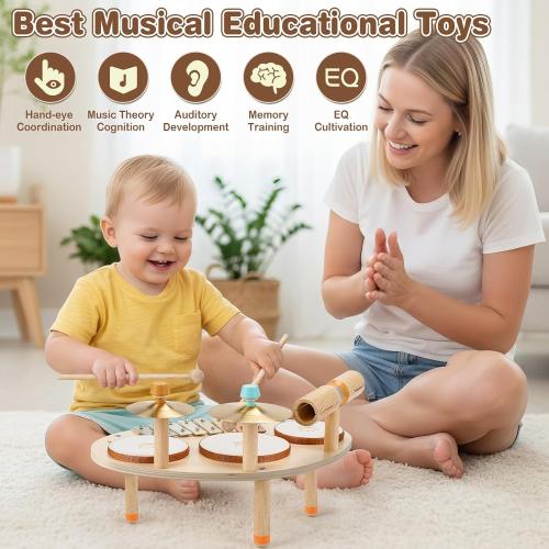 Vanplay Drum Set for Toddler - Toys for 2 3 4 Year Old Girls Boy Gifts - 9 in 1 Wooden Montessori Musical Instruments with Xylophone for Kids 3-5, Christmas Birthday Gifts for Toddlers 2-4