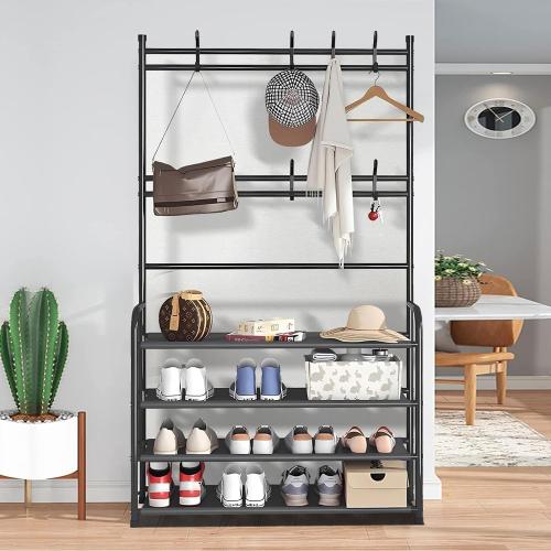 Black H: 61 4 Tier Shoe Rack Coat Rack Shoe Shelf Freestanding with 8 Hooks for Front Door Entryway Bedroom Closet, Black