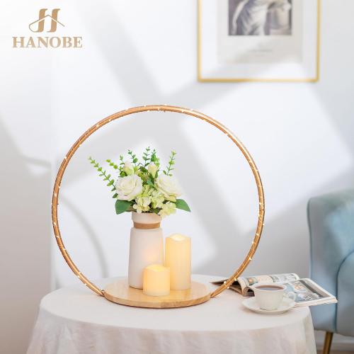 Hanobe Gold Cake Stand for Wedding: 11.7 Inch Round Arch Cupcake Display Stands with Wood Base Decorative Metal Hoop Centerpiece Decor for Party Birthday Baby Shower