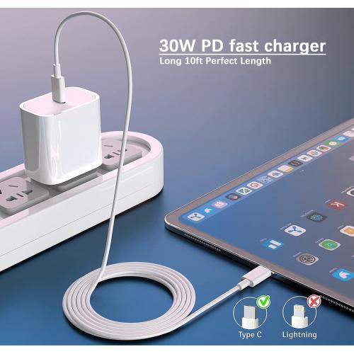 30W iPhone 17 16 15 Chrager Fast Charging for iPhone 17 16 Pro Max 15 Plug iPad USB C, 30 Watts Type-c Gan PPS Wall Chrager Plug Block & Long 10ft USB C to C Cable, 1Pack White