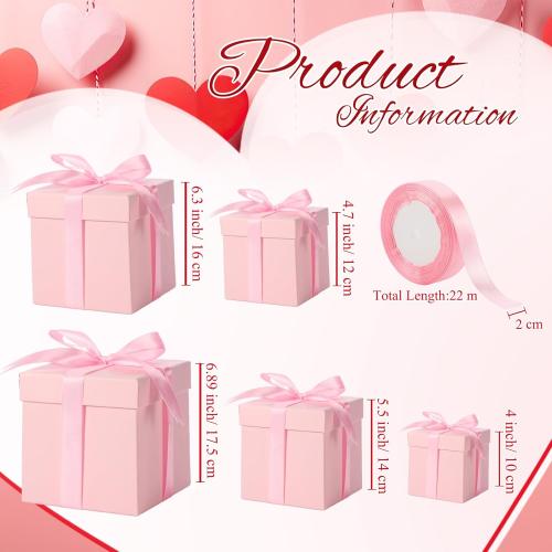 Cholemy 5 Pcs Square Nesting Boxes Decorative Gift Boxes with Lid and Ribbon Assorted Sizes Wrap for St. Patrick's Day, Carnival, Anniversary, Birthday, Bridal Shower Party Gifts(Pink)