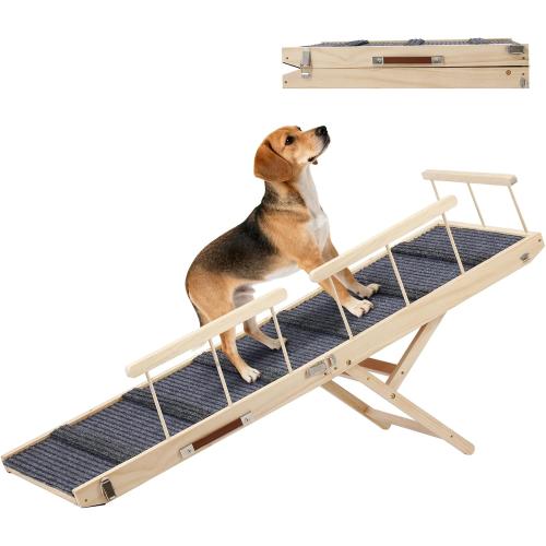 In hand Dog Ramp for High Bed with Safety Rails, Adjustable Foldable Pet Steps Ramp with Anti-Slip Pad, Assist Senior Arthritic, Injured, Small to Large Dogs to Climb Couch Bed Stairs Easily