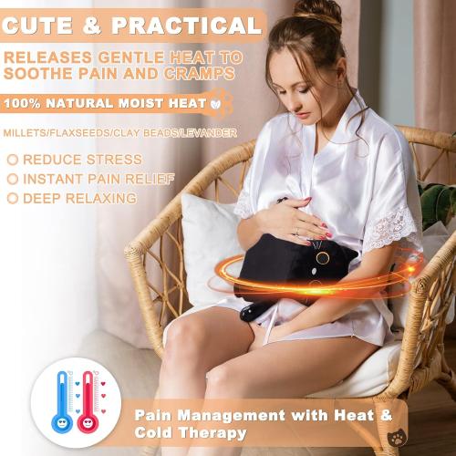 Microwave Heating Pad for Cramps Pain Relief, 16 * 12'' Moist Microwavable Period Menstrual Heating Pads for Cramps, Back, Neck Shoulder and Knee, Cute Stuffed Animal Heating Pad - Black Cat