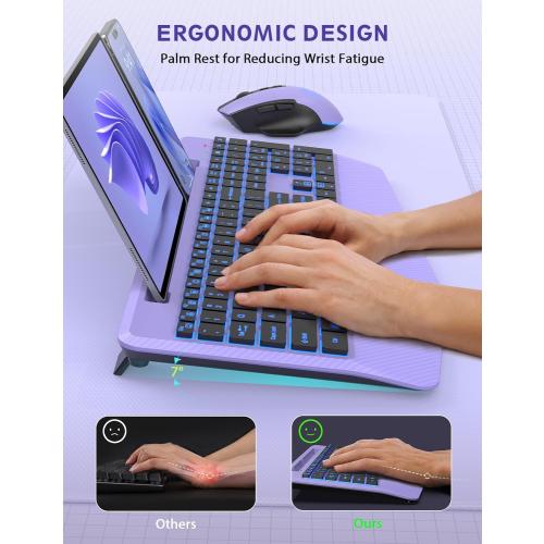 Wireless Keyboard and Mouse Backlits, Wrist Rest, LED Mouse, Rechargeable Ergonomic Keyboard with Phone Holder, Silent Light Up Combo for Computer, Mac, PC, Laptop, Chromebook (Black ? )