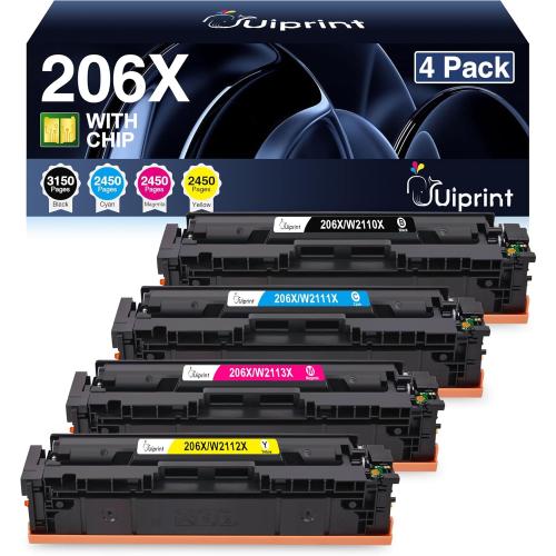 206X Toner Cartridges 4 Pack with Chip Replacement for HP 206A 206X Compatible with HP Color LaserJet Pro MFP M283fdw M283cdw M283fdn Pro M255nw M283 M255 Printer(W2110X W2111X W2112X W2113X)