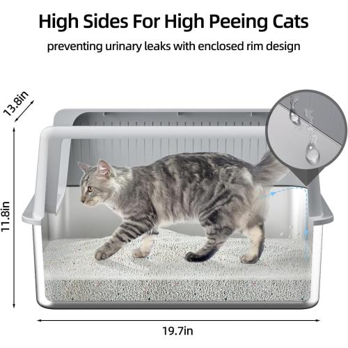 Stainless Steel Cat Litter Box with Lid,XL,19.7” L x 13.8” W x 11.8”H Deep,Large Metal Litter Box with High Side,for Small and Large Cats,Anti-Leakage Non-Sticky Easy Cleaning Include Litter Scoop