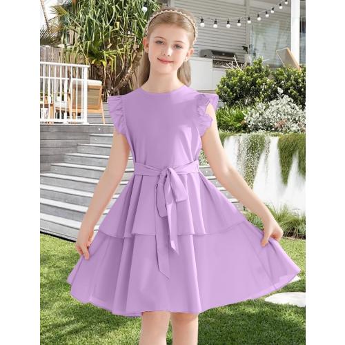 Size 150 6-14 Years Girls' Dresses Ruffle Sleeve Solid Semi Formal Tiered Swing Midi Casual Summer Dress