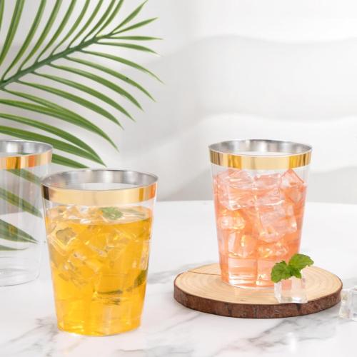 I00000 100PCS Gold Plastic Cups,10 oz Clear Plastic Cups with Gold Trim, Beer Mugs，Disposable Hard Cup For Party, Premium Cup Perfect for Wedding & Party