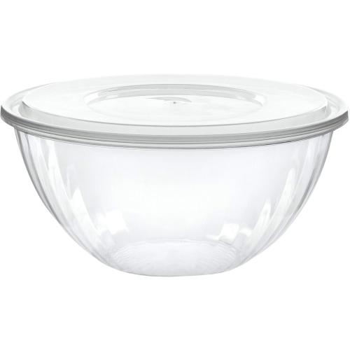 PLASTICPRO Disposable Round Crystal Clear Serving Bowls With Lids - Party Snack or Salad Bowl, Plastic Chip Bowl, Candy Dish (2, 96 OUNCE)