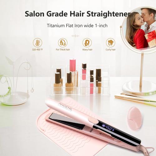 ANGENIL Pro Round Pink Dual Voltage Hair Straightener Irons, Titanium Flat Iron Hair Straightener and Curler 2 in 1 with Heat Resistant Silicone Mat, Smoothness, Large LCD Display, 20S Fast Heat Up