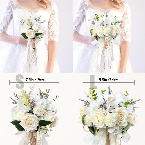 Wedding Bouquets for Bride Bridesmaid,Large Big Bridal Bouquet White Champagne Ivory Artificial Fake Silk Roses Flowers for Wedding French Vintage Boho Rustic Church Decoration Toss Bouquet (9.5in(L))