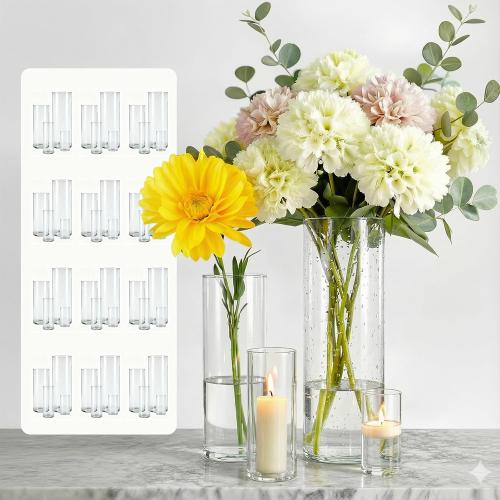 48-Pack Clear Glass Cylinder Vases, 4 Sizes (4/6/8/10 Inch) - Hurricane Floating Candle Holders & Flower Vases for Wedding, Table Centerpiece, Home Décor
