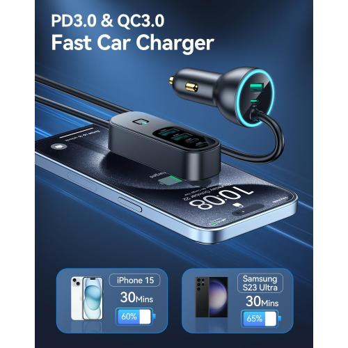 Rocoren 105W 6-Port Multiport Car Charger, PD Fast USB C Car Charger for Multiple Devices,Cigarette Lighter Adapter Car Travel Essentials for Road Trips with 5FT Cable,Car Accessories for iPhone 17/16
