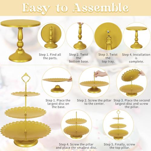 Fivenl 8 Pcs Cake Stand Gold Metal Dessert Table Display Set, 3-Tier Cupcake Stand, Cake Display Tower and Cookie Tray Rack Serving Tray for Birthday Party, Weddings, Baby Shower (Gold)